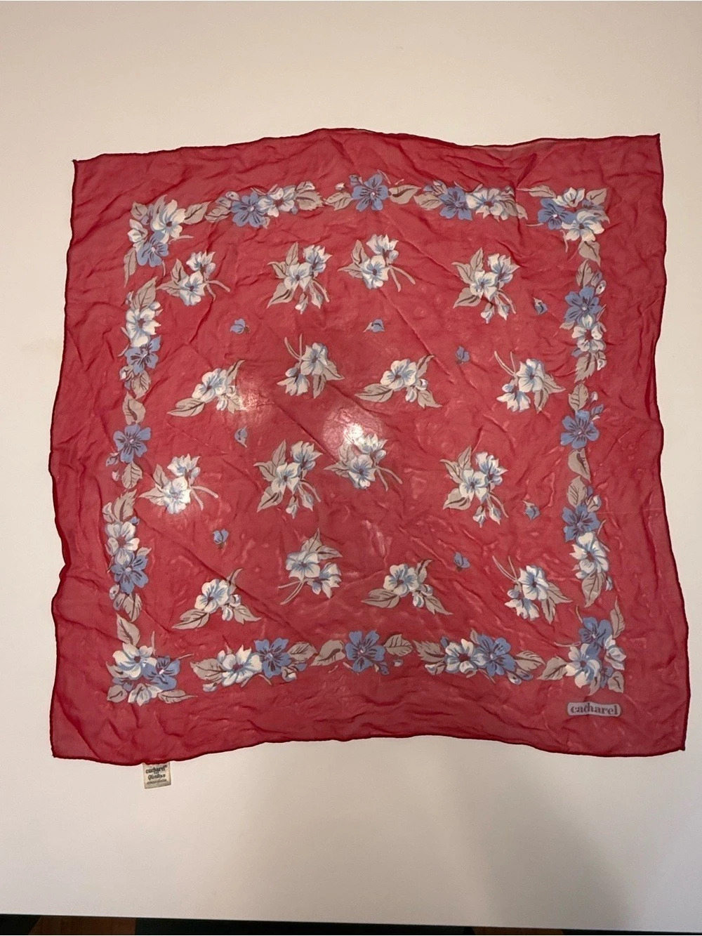 Vintage Cacharel Paris 100% Silk Red & Blue Floral Square Scarf